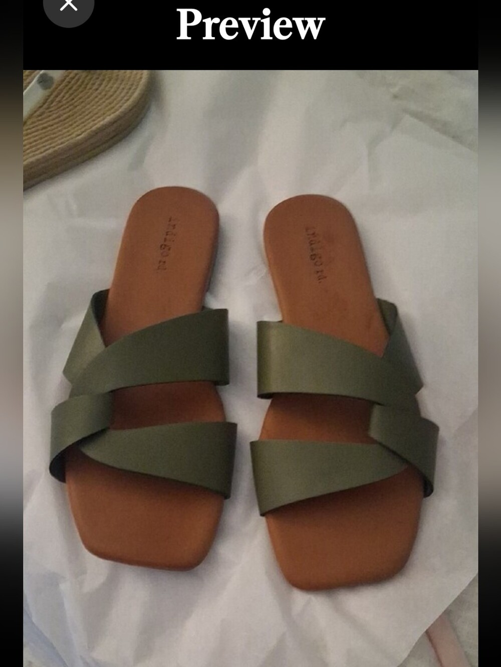 Indigo Olive Green Slide Sandals with Tan Footbed